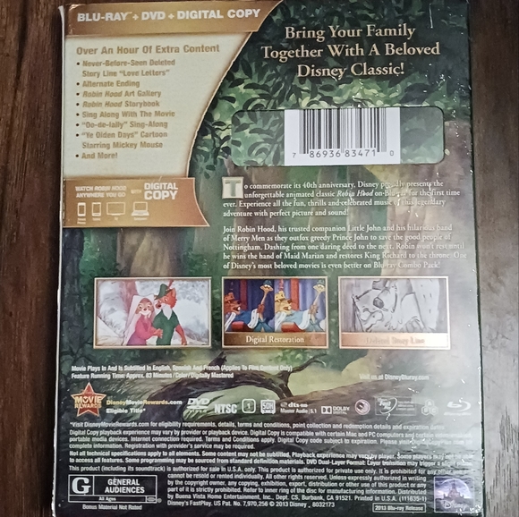 Walt Disney's ROBIN HOOD 40th Anniversary Edition on BLU-RAY + DVD + DIGITALCOPY - Picture 2 of 2
